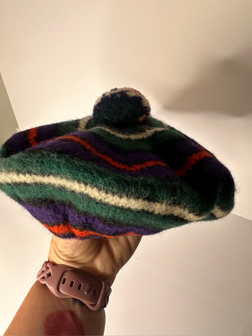 Vintage Scottish Tam Beret Striped Wool with Pom Pom